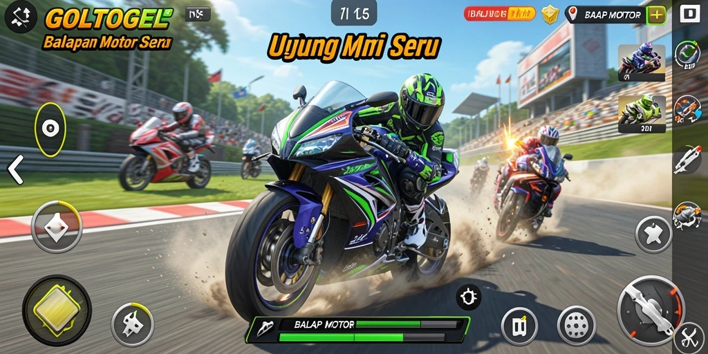 Tampilan antarmuka GOLTOGEL yang menarik dan intuitif untuk balapan motor.